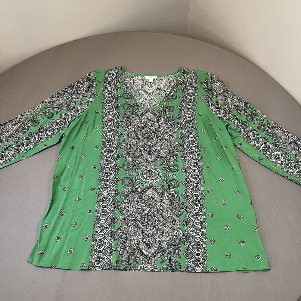 J. Jill Tunic Top Large Tall Floral Placed Paisley Print V-Neck Green
